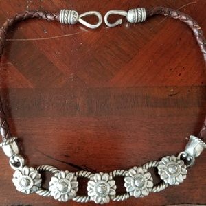 Brighton Leather and silver tone flower Choker Nec